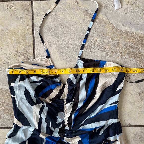 WHBM Satin Halter Maxi Blue Dress NWT $180 Abstract Print Modern - Picture 5 of 16